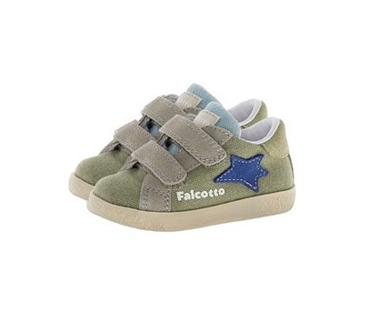 Sneaker primo passo in tela e camoscio con doppio velcro