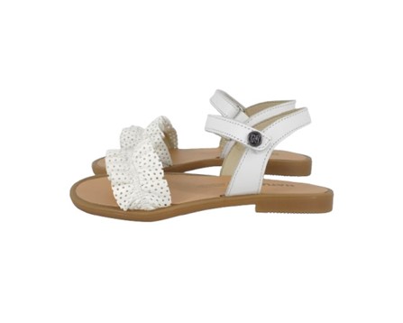 Sandalo in pelle con fascia volant a pois traforati e velcro