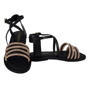 Sandalo in pelle e tubolari in strass con fibbia