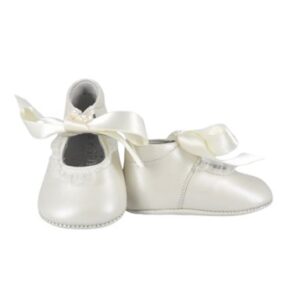 Ballerina culla in pelle con fiocco in raso e rouches