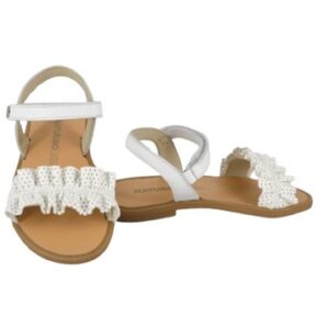 Sandalo in pelle con fascia volant a pois traforati e velcro