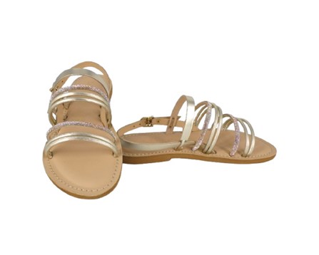 Sandalo con fasce in eco pelle laminata e tubolari in strass