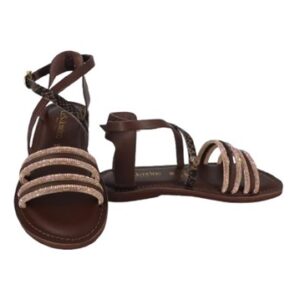 Sandalo in pelle e tubolari in strass con fibbia