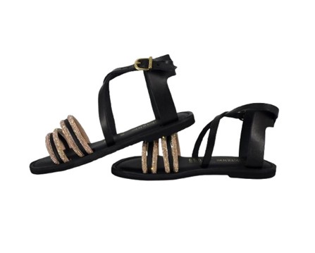 Sandalo in pelle e tubolari in strass con fibbia