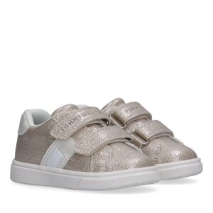 Sneaker in eco pelle e finitura glitterata con doppio velcro