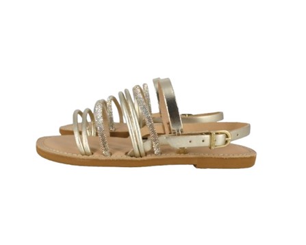 Sandalo con fasce in eco pelle laminata e tubolari in strass