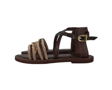 Sandalo in pelle e tubolari in strass con fibbia