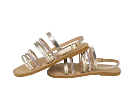 Sandalo con fasce in eco pelle laminata e tubolari in strass