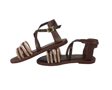 Sandalo in pelle e tubolari in strass con fibbia