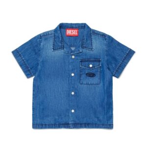 Camicia in denim manica corta con tasca e logo