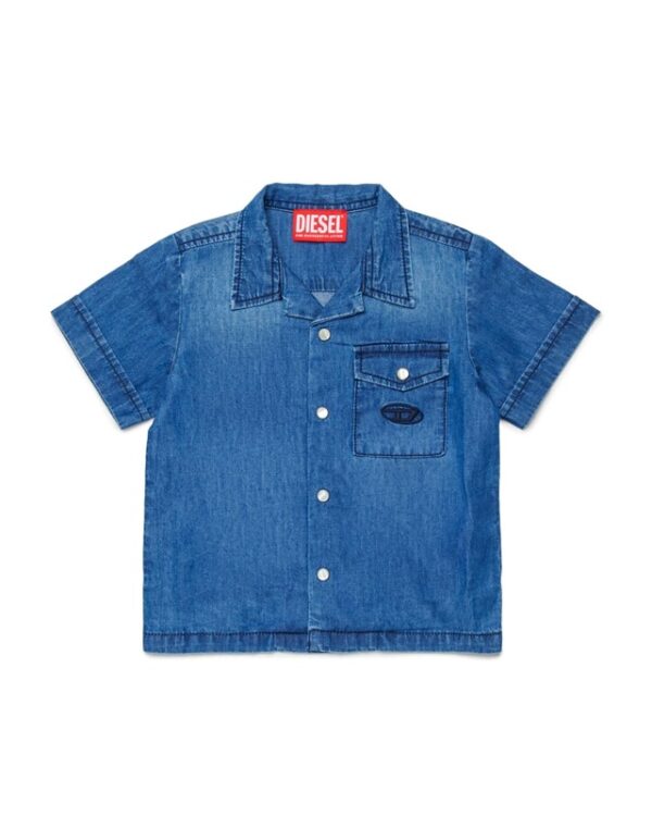 0946D9D716EA4D03535B40D5CFF317DC_ Camicia in denim manica corta con tasca e logo