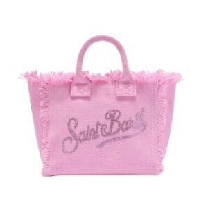 Borsa vanity mini in canvas rosa con logo in strass