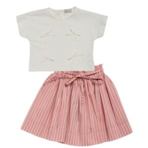 Completo t-shirt con fiocchetti e gonna a righe