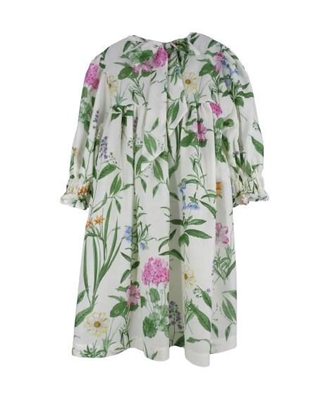 Vestito fantasia fiori con ricamo punto smock e manica 3/4