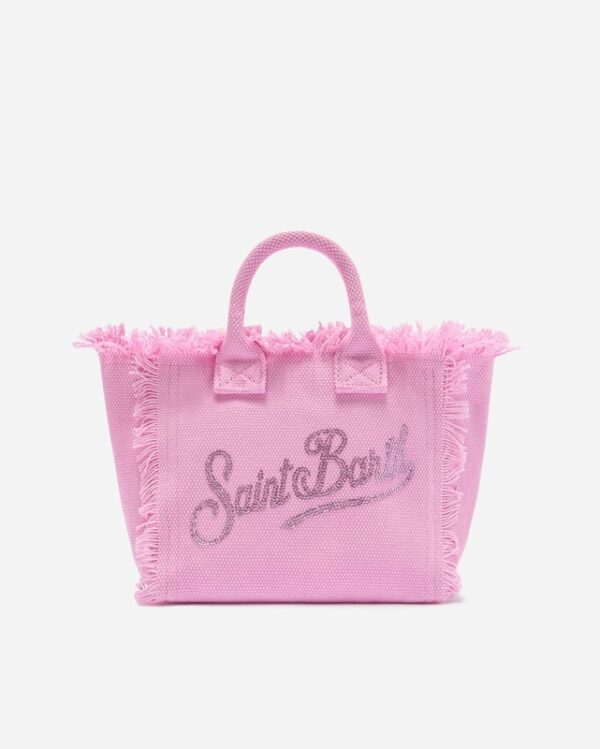 15BB1010B75167641FC9027BE210199D_ Borsa vanity mini in canvas rosa con logo in strass