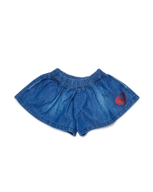 Short in denim con logo stampato laminato