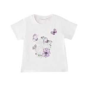 T-shirt mezza manica con stampa farfalle e strass