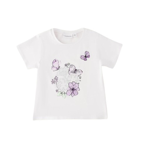 T-shirt mezza manica con stampa farfalle e strass