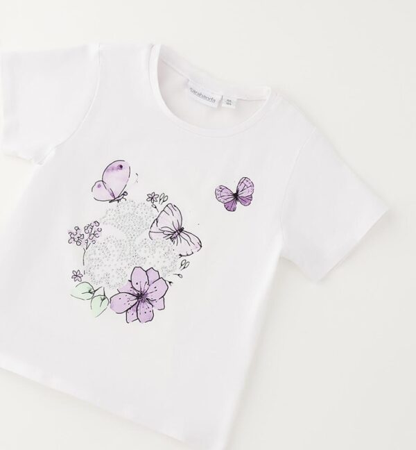 T-shirt mezza manica con stampa farfalle e strass