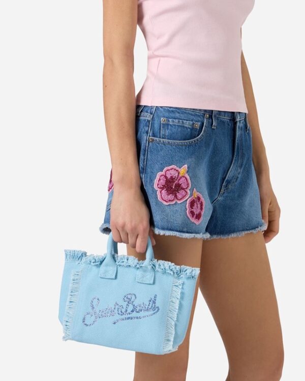 Borsa vanity mini in canvas rosa con logo in strass