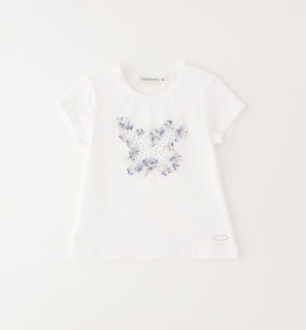T-shirt mezza manica con farfalla in tulle e strass