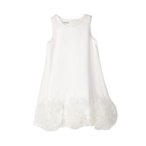 Vestito con fiori in organza al fondo e fiocco sul retro