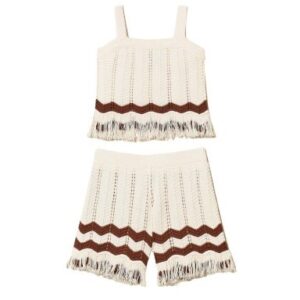 Completo top e shorts in maglia a zig-zag con frange