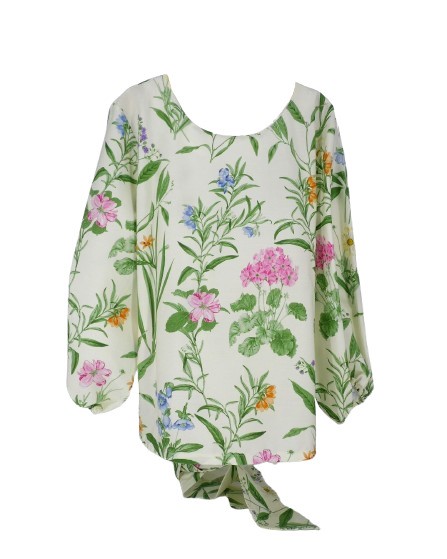 Completo blusa con fiocco sul retro e gonna lunga a pieghe