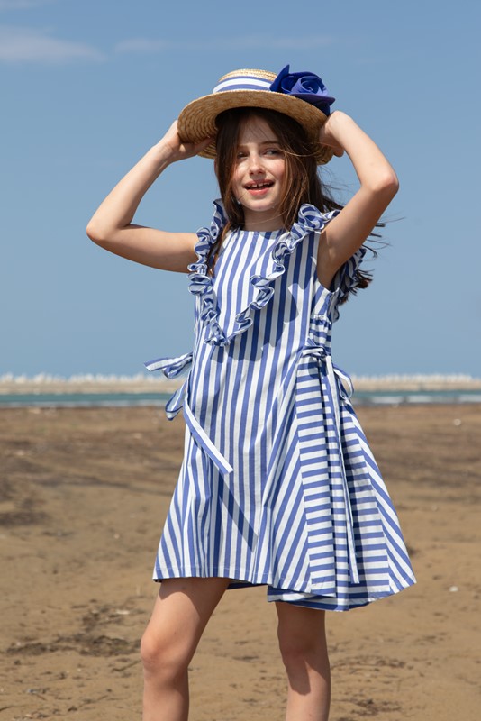 Vestito a righe con rouches e fiocchetti laterali