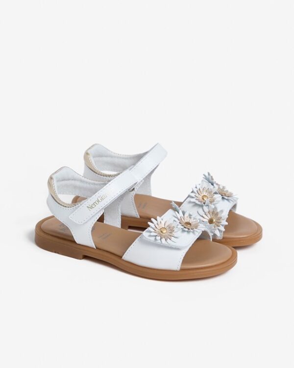 Sandalo in pelle con fiorellini e doppio velcro