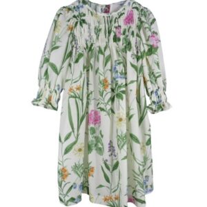 Vestito fantasia fiori con ricamo punto smock e manica 3/4