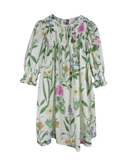 Vestito fantasia fiori con ricamo punto smock e manica 3/4