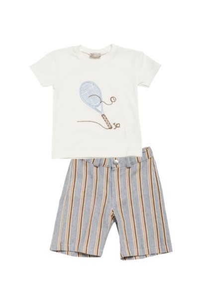 Completo t-shirt ricamo racchetta e bermuda a righe