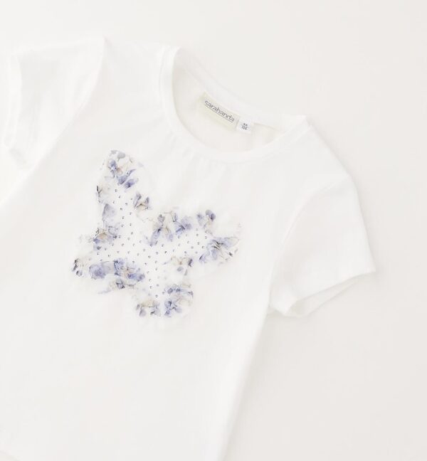 T-shirt mezza manica con farfalla in tulle e strass
