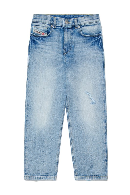 Pantalone in denim effetto stropicciato con strappi