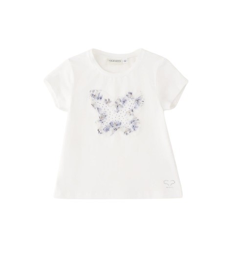 T-shirt mezza manica con farfalla in tulle e strass