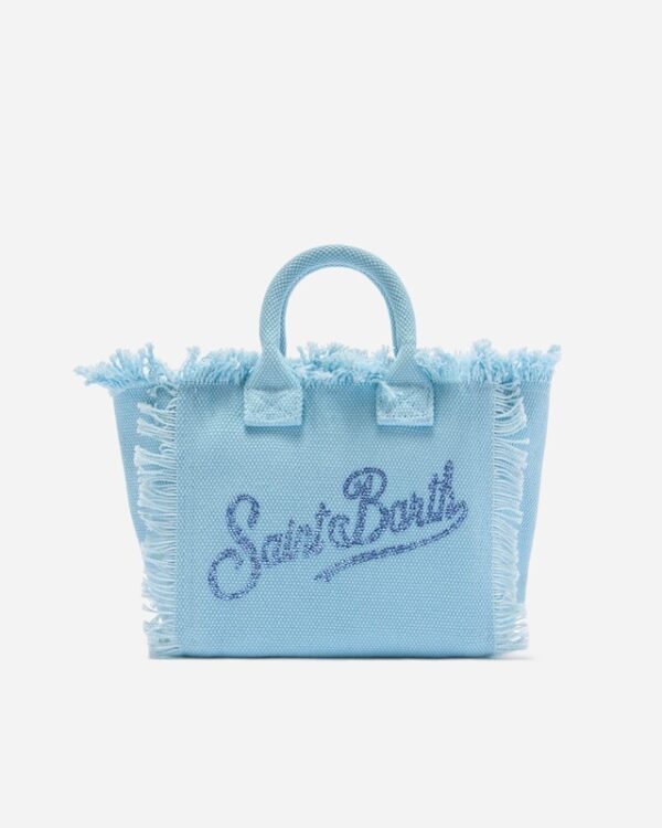 Borsa vanity mini in canvas rosa con logo in strass