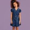 Vestito in denim con maniche corte a sbuffo