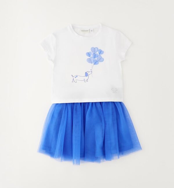 Completo t-shirt con cagnolino e gonna in tulle