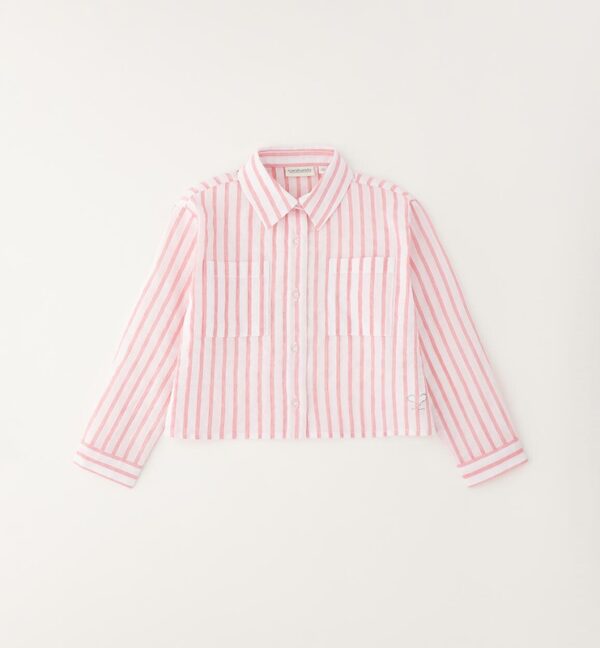 Camicia crop a righe con orsetto in pizzo sul retro