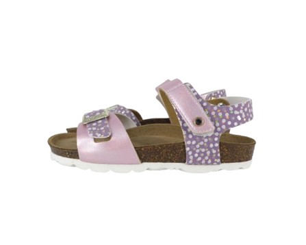 Sandalo in eco pelle laminata e pois con fibbia e velcro