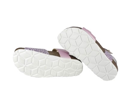 Sandalo in eco pelle laminata e pois con fibbia e velcro