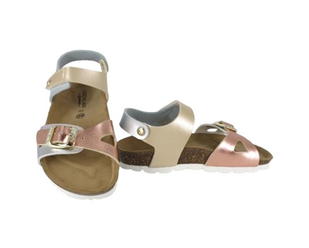 Sandalo in eco pelle laminata con velcro e fibbia