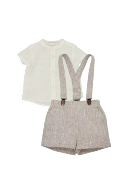 Completo camicia coreana mezza manica e salopette in lino