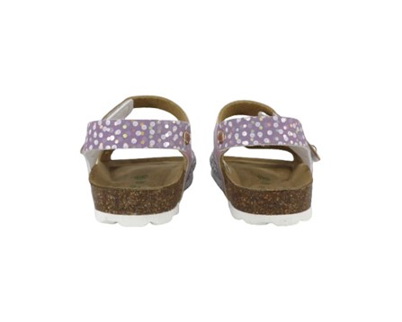 Sandalo in eco pelle laminata e pois con fibbia e velcro