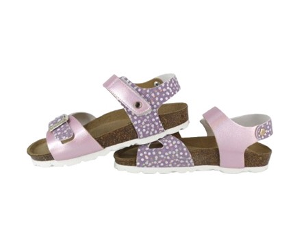 Sandalo in eco pelle laminata e pois con fibbia e velcro