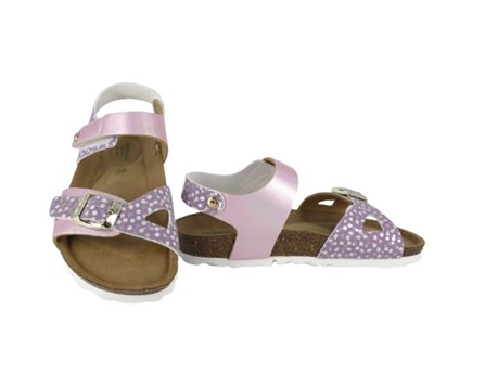 Sandalo in eco pelle laminata e pois con fibbia e velcro