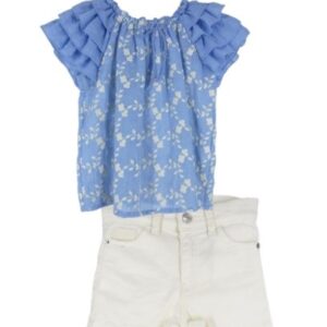 Completo camicia con fiori ricamati e short