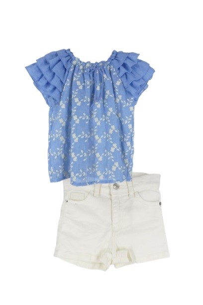 Completo camicia con fiori ricamati e short