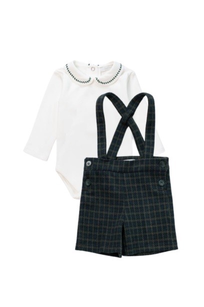 Completo camicia con colletto ricamato e salopette jacquard